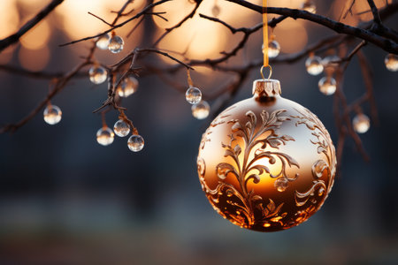 Christmas tree decoration Ball on a branch with an American-themed pattern on a blurred forest background. Holiday, Christmas, New Year, toys.の素材