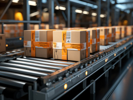 cardboard boxes moving smoothly along a conveyor belt in a warehouse fulfillment center. e-commerce, delivery, automation and logistics concept.の素材