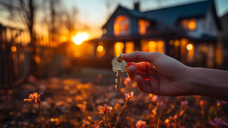 hand holds a metal key on the background of a house against the backdrop of an autumn sunset, the concept of mortgage and real estate constructionの素材