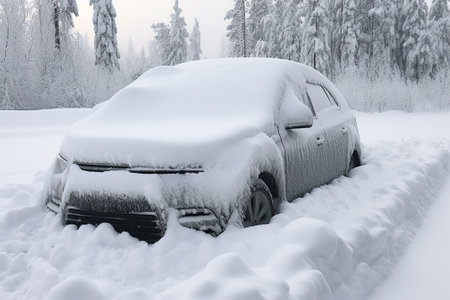 a snow-covered car covered with snow stands on the road after a snowfall.snow-covered roadsの素材