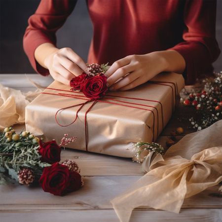 An unrecognizable woman wraps Christmas gifts in craft paper and ties them with ribbons.の素材