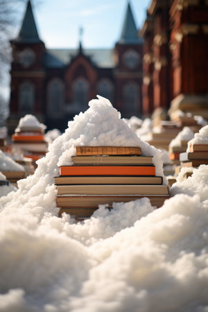 a stack of books lies in the snow and is covered with snow against the background of a university building.の素材