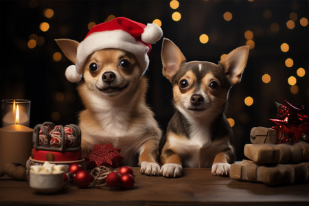 cute dogs in a Christmas atmosphere. pets at Christmas. Christmas and New Year conceptの素材