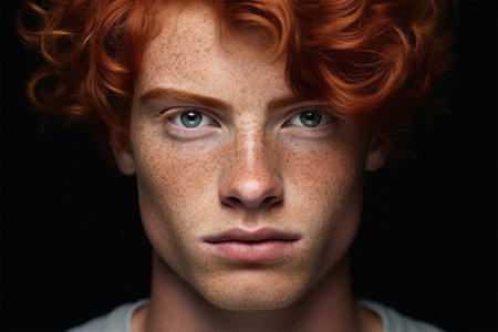 Portrait of a red-haired young man on a black background. close-up, detailed portraitの素材