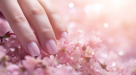 stylish fashionable nails with bright pink gel polish and delicate cherry blossoms on silk flowing fabric.manicure for special occasionsの素材