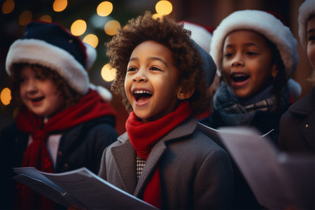 Cheerful children sings Christmas carols on the street on Christmas Eve.racial diversityの素材