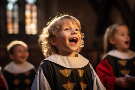 Inspired children sing carols in church on Christmas Eve.の素材