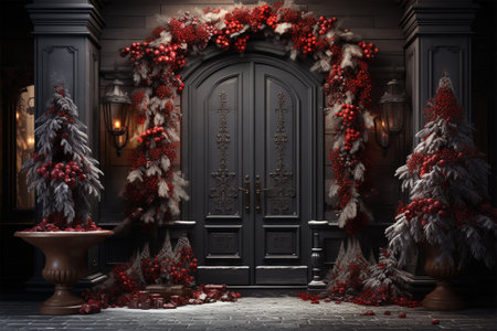 New Year door background concept in Christmas decoration in red colors.Christmas door decoration with beautiful traditional wreath. Christmas celebration, home decoration . Copy space.の素材