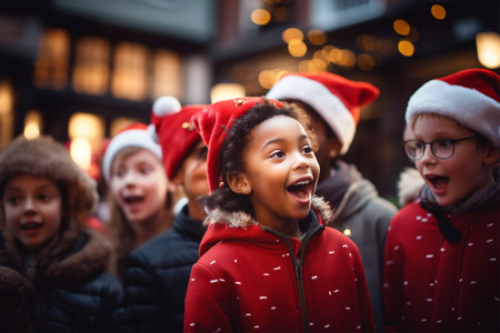 Cheerful children sings Christmas carols on the street on Christmas Eve.racial diversityの素材