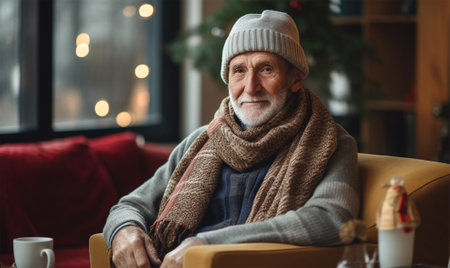 An elderly man in a hat and scarf looks tired and is freezing on the sofa in the apartment.Concept of heating and cost of housing services.の素材