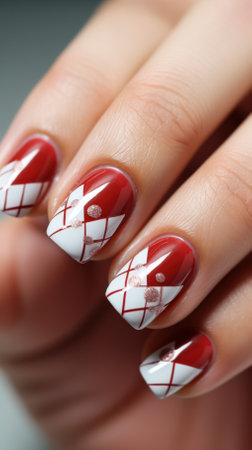 Fashionable geometric red and white Christmas nails manicure on beautiful female hands.nail design. content for beauty salons and bloggers on social networksの素材