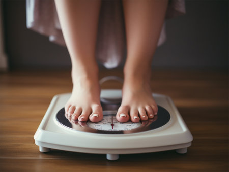 Legs of a woman in a dress standing on scales on a wooden floor, weight control. close-up. The concept of a healthy lifestyle and proper nutrition.の素材