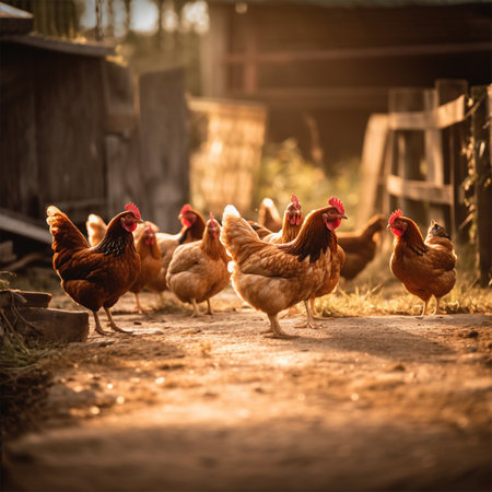 chickens walk in the farm yard, free-range chickens. agriculture conceptの素材