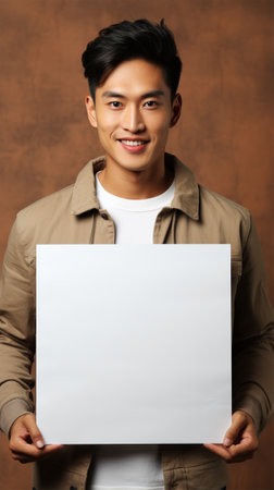 Young asian man holding poster mockup in front of him on dark backgroundの素材