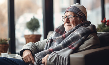 An elderly man with glasses in a hat and scarf looks tired and is freezing on the sofa in the apartment.Concept of heating and cost of housing services.の素材