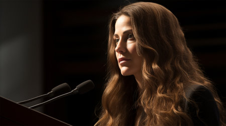 A woman speaks into a microphone. Running for president, conference, training seminar, business presentation, meeting with audienceの素材