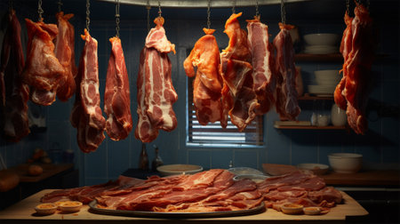 raw pieces of meat hanging on hooks above a table with meat and seasonings preparing for smoking and dryingの素材