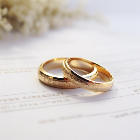 Wedding rings, close-up on the invitation, with flowers on the background. postcard or invitation to the holiday.の素材