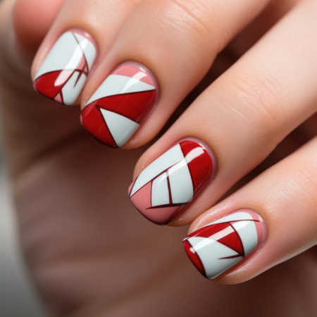Fashionable geometric red white manicure of nails on beautiful female hands.nail design. content for beauty salons and bloggers on social networksの素材