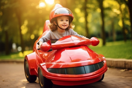 a little boy in a helmet sits in a red futuristic toy car .の素材