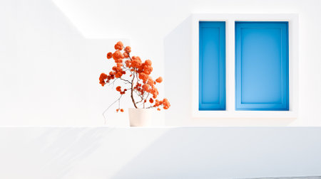red flowers in a white pot on a background of a white wall with a blue window.copy spaceの素材