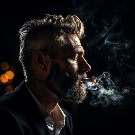 Portrait of a bearded, stylish man smoking a cigarette with smoke on a black background, Passive smoking conceptの素材