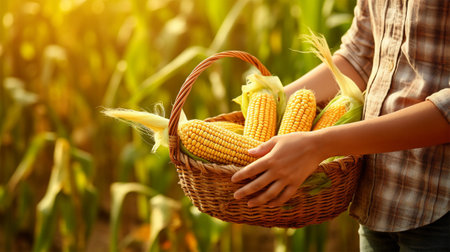 the hands of a farmer in a plaid shirt hold sweet corn in a basket. Farm harvest concept.の素材