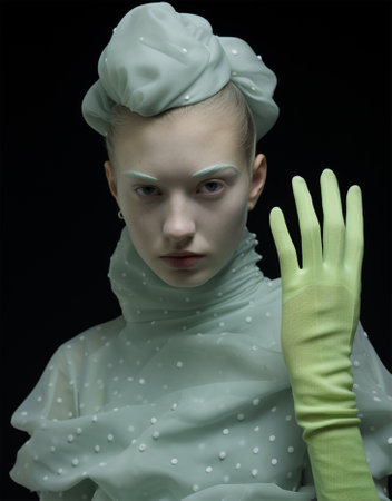 fashionable surreal portrait of a model in a light pastel dress and a polka dot hat and a green glove. content for magazine, blog and social networks. color and style of the seasonの素材