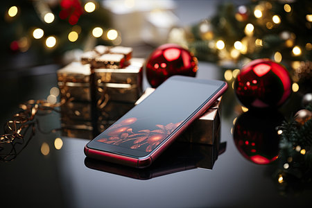 phone against the background of Christmas tree decorations. Concept of online shopping, gifts and salesの素材