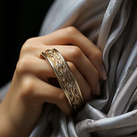 close-up of jewelry on a womans hand on a background of silk fabric. finely crafted openwork braceletの素材
