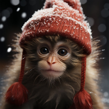 monkey dressed in a red knitted hat on a Christmas background. Christmas conceptual animals, symbol of the yearの素材