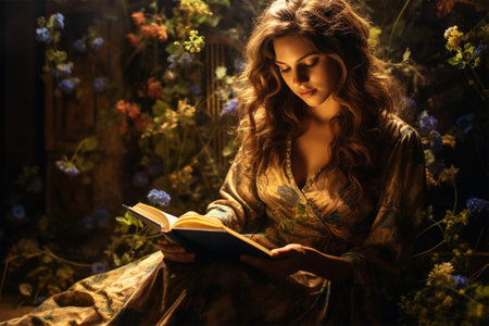 a girl reads a book and is in peace with its contents and a magical garden. The magical world of books and literatureの素材
