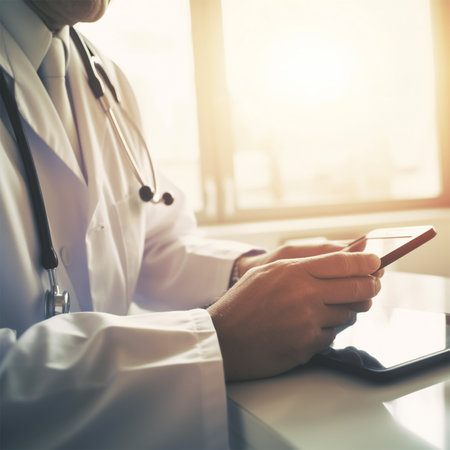 doctorâs hands with a tablet close-up, concept of new technologies in medicine, telemedicine.の素材