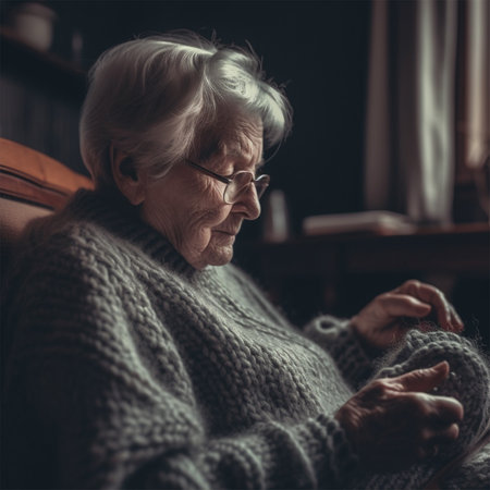 gray-haired grandmother in glasses knitting in her chair at home. concept of loneliness and caring for the elderlyの素材