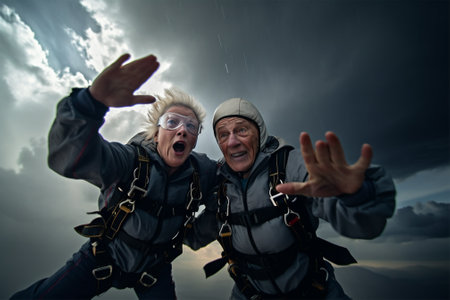 Elderly emotional couple jumping with a parachute against a stormy sky.の素材