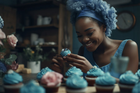 A cheerful young woman pastry chef in a blue dress prepares cupcakes with cream for the celebration. Christmas and New Year conceptの素材