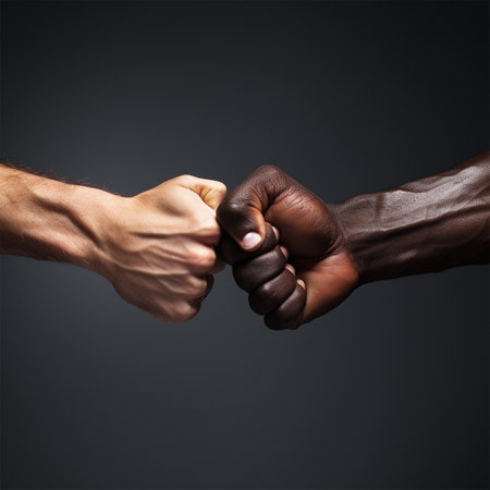 Close-up of two hands of different skin colors and different races on a dark background, striking with fists.の素材
