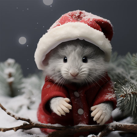 little mouse in a red knitted hat on a Christmas background. Christmas and New Year concept.の素材