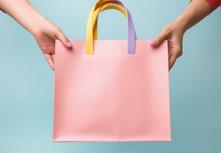 Womans hands holding a pink shopping bag on a blue background, creating a stylish and eye catching mockup for showcasing designs or products. concept of shopping, holidays and sales.の素材