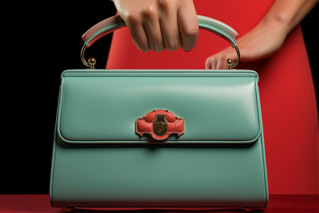 A woman in a red dress holds a fashionable green stylish handbag in her hand on a colored background close-up. fashion content, concept of stylish and fashionable giftsの素材
