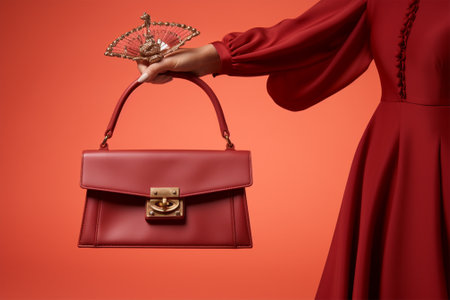 A lady holds a fashionable bright and stylish handbag in her hand on a colored background close-up.fashion content, concept of stylish and fashionable giftsの素材