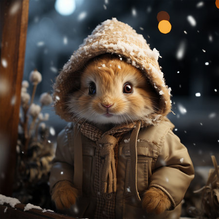 cute bunny in a knitted hat and jacket under the winter snow. Christmas and New Year concept.の素材