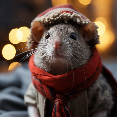 rat in a red knitted hat and with a scarf on a Christmas background. Christmas and New Year concept. symbol of the year.の素材
