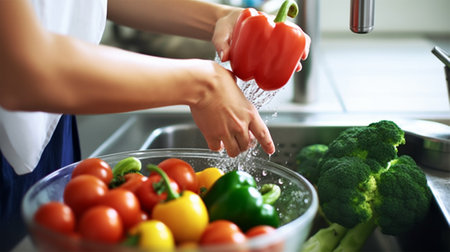 close-up of womans hands washing fresh vegetables with water in the kitchen sink.new harvest, healthy foodの素材