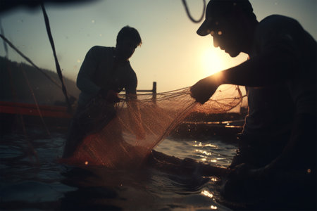 silhouette of fishermen checking their nets at dawn.の素材