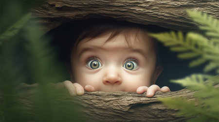 Portrait of a cute baby with big eyes peeking out from behind a tree and plants in the forestの素材