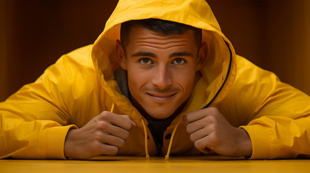 Funny young man in a yellow raincoat looking out from under the hood on a colored backgroundの素材