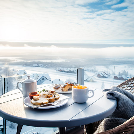 The breakfast table is set on the resorts balcony. View of mountains in the background in winterの素材