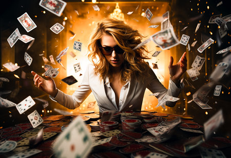 young woman winning in a casino . Gambling and addictionの素材