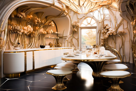 exquisite expensive kitchen made of marble, mother of pearl and gold with inlay in the Art Deco style. floral design and fine workmanshipの素材